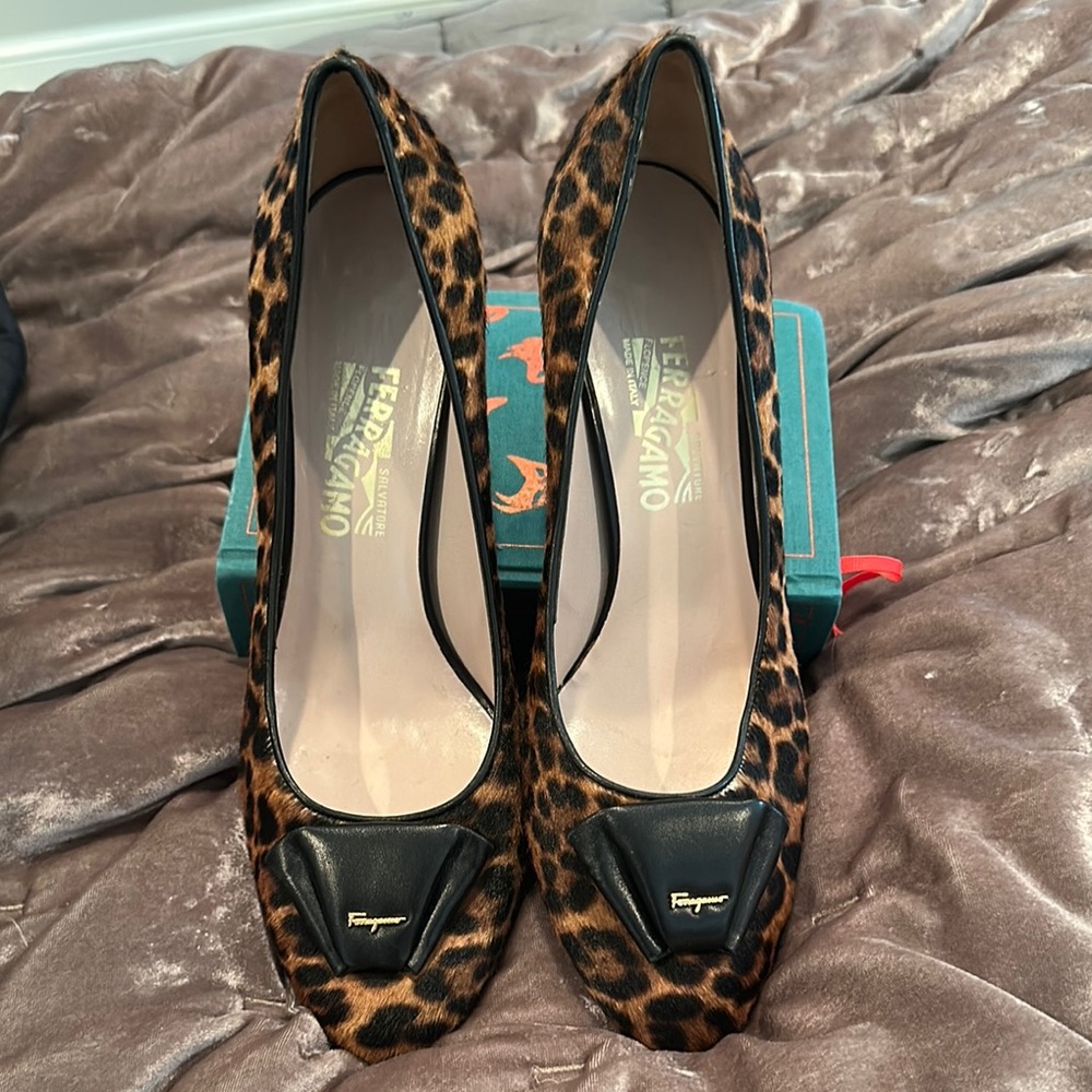 Salvatore Ferragamo Brown/Black Leopard Pony Hair And Leather Bow
